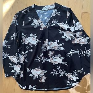 Youtalia Shirt for Women Black and Floral Long Sleeve V-Neck Without Buttons XL